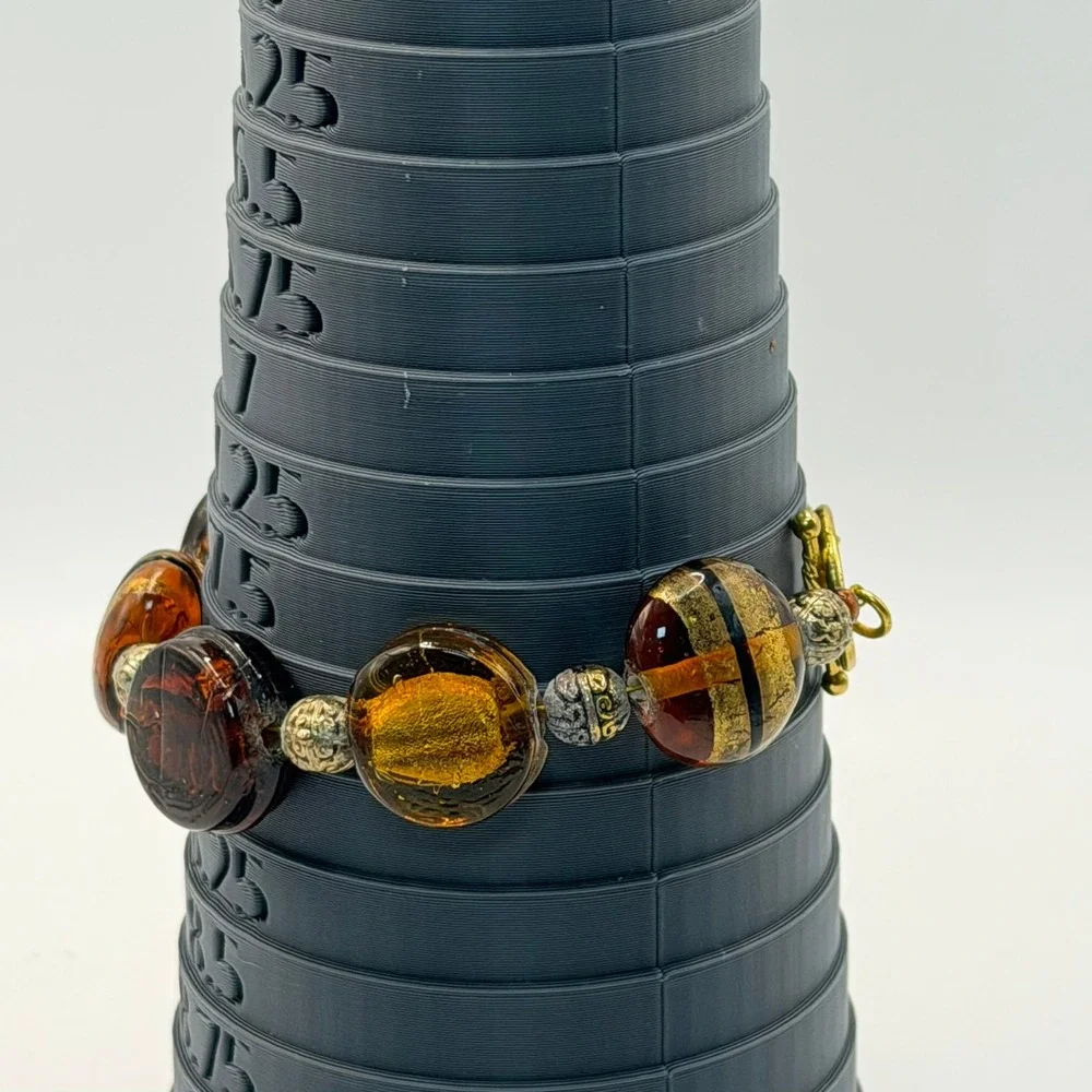 Murano Style Amber Gold Foil Art Glass Bead Bracelet Toggle Clasp Boho Statement